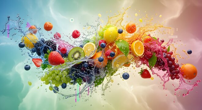 Ledakan campuran buah beri anggur jeruk lemon cipratan cairan warna warni dinamis abstrak efek visual gelombang latar belakang desain spanduk kreatif