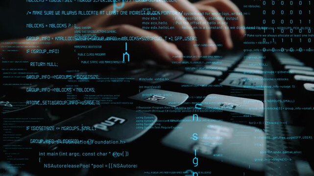 A close-up view of hands typing on a keyboard surrounded by lines of code on a screen, representing the synergy of technology and programming in a modern workspace. Xenic