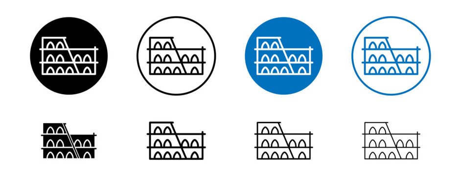 Colosseum icons set in black and blue colors on white background