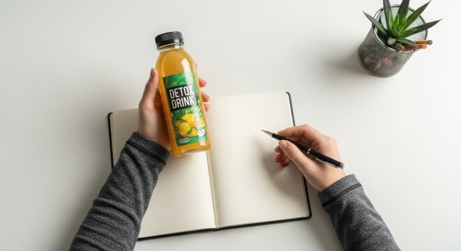 Woman holding a detox drink bottle over an open notebook with a pen, ready to plan her wellness journey