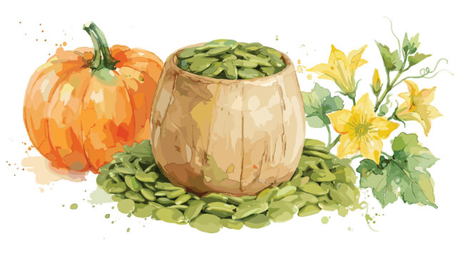 Pumpkin and bowl of seeds with yellow flowers watercolor vector art.