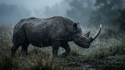 Obraz premium Black rhinoceros with blade horn emerging from mist dramatic wildlife fantasy concept