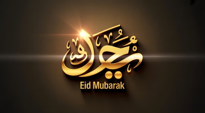 Golden eid mubarak calligraphy text with glowing light effect on a dark brown background