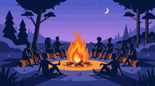 A warm and inviting flat design illustration depicting a diverse group of people gathered around a celebratory midsummer bonfire under a darkening sky. 