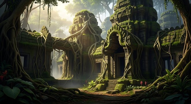 Ancient temple ruins overgrown with vines.