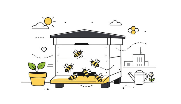 Bee vector illustration of a beehive with flying bees around it