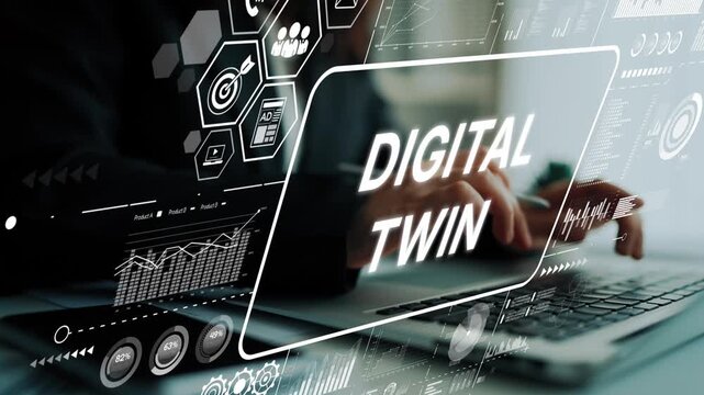 Digital Twin Technology Concept with Hands on Keyboard and Virtual Overlay of Data and Graphs in Modern Workspace. Asymptotic smart data analytic.