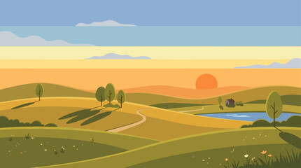 Naklejka premium This serene flat design illustration captures the unique extended daylight of the midsummer solstice, with a sun low on the horizon over a minimalist landscape. 
