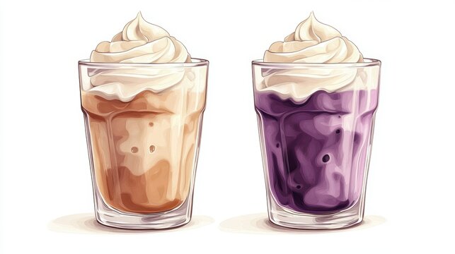 Ube drink on white background,Iced Ube Latte,ube milk,PopularTrendy Purple Coffee Shop,plant based recipes,milkshake with whipped cream,superfood,menu and banner,Healthy and wellness concept.