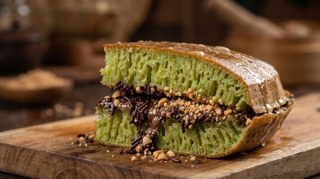 Cross Section of Fluffy Pandan Martabak Manis with Chocolate
