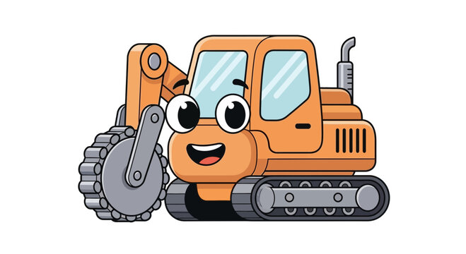 A smiling excavator cartoon character sits on a construction site with a happy face.