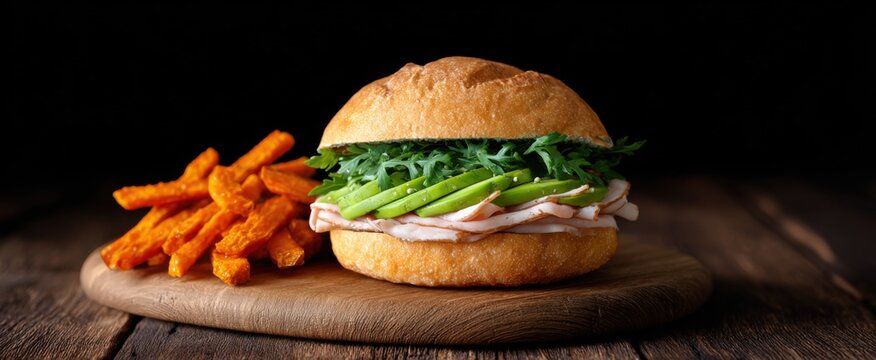 A tasty turkey sandwich with avocado arugula and crunchy carrot fries on a rustic table.
