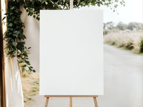 Outdoor wedding mockup with blank vertical white sign on wooden easel. Garden ceremony background with green foliage and white fabric. Welcome board or event announcement template
