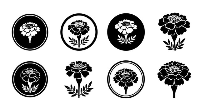 Floral icons set with black and white linework flowers in circular badges and standalone silhouettes
