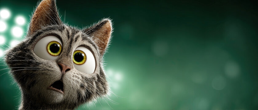 Closeup of a wide-eyed animated cat with a surprised expression against a blurred green background, perfect for creative concepts.