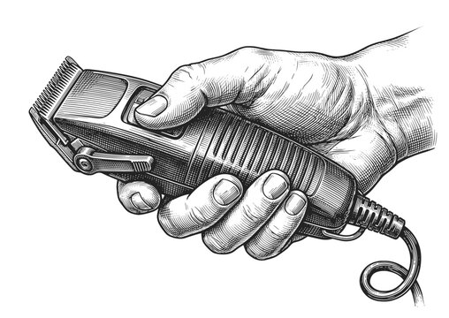 Hand drawn vintage barber hand holding electric clipper with realistic engraving texture, vector illustration
