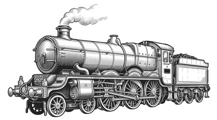 Detailed vintage steam locomotive engraving, classic train illustration perfect for transport and historical design, vector illustration © Otpirus