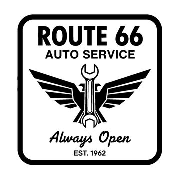 Route 66 Auto Service Logo with Wings and Wrench, Always Open Est 1962