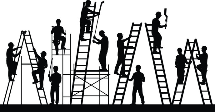 Silhouettes of construction workers climbing ladders and working on scaffolding