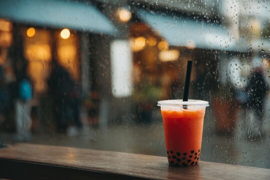 Rainy Day at Bubble Tea Shop: Owner Waiting for Customers in Challenging Weather - Asian Entrepreneur Lifestyle Concept Banner with Copy Space