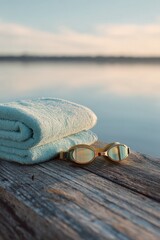 Fototapeta premium Swim goggles and folded towel on wooden dock by lake. Summer activity and swimming equipment at sunrise. Concept of morning outdoor exercise, aquatic training and leisure lifestyle.