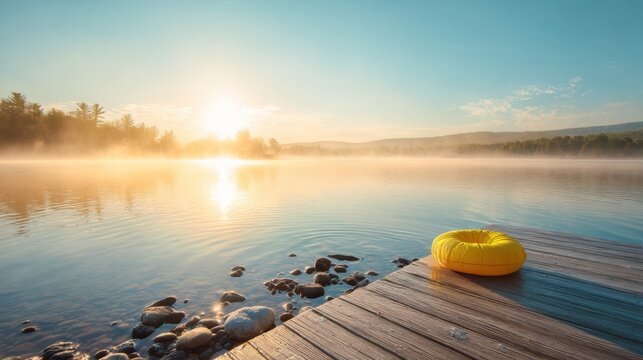 Yellow inflatable swim ring on wooden pier at misty lake during sunrise. Serene morning landscape with fog over water. Summer vacation, relaxation and travel recreation concept scene.