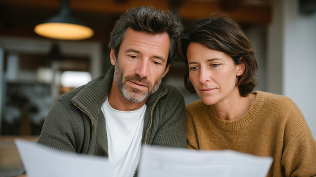 Husband and wife reviewing Chapter 7 paperwork at kitchen table, foreclosure letter visible beneath documents, overhead fluorescent light, financial crisis, mortgage default, bankruptcy and housing 