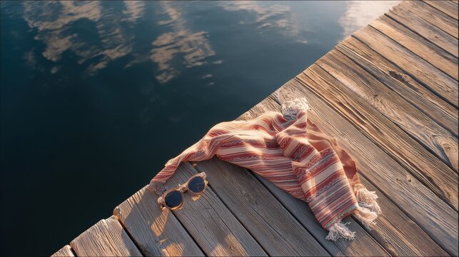 Scarf and sunglasses on wooden pier at lake. Summer vacation by water. Resting on dock during sunset. Leisure, travel and relaxation concept. Coastal scenery for tourism background.