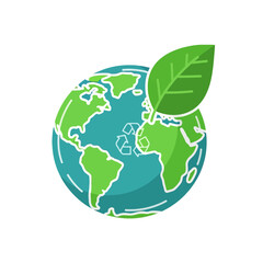 Obraz premium Green Earth Planet with Leaf and Recycling Symbol - Eco-friendly Concept