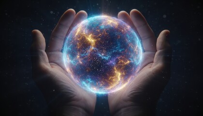 Fototapeta premium Hands holding swirling cosmic energy sphere in space