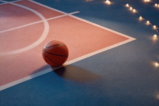 Basketball ball sitting on court surface with white markings. Athletic gear for team sport match. Evening outdoor sports ground decorated with glowing string lights for recreation.