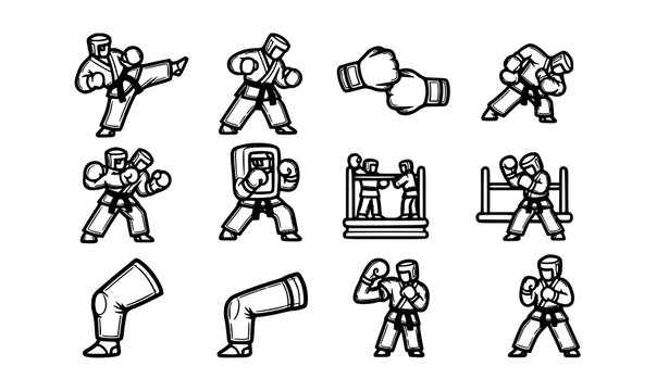 Bold outline martial arts icons set with combat sport poses in horizontal layout vector