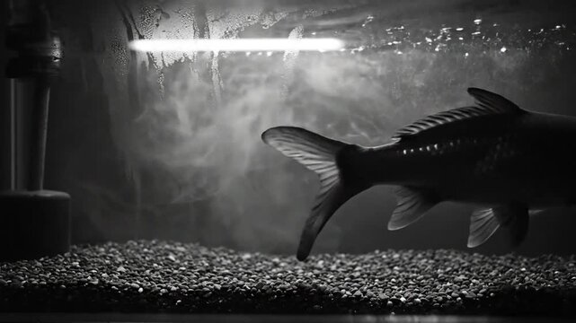 Black and White Fish Swimming in Aquarium, Tranquil Underwater Scene with Ripples and Gravel, Isolated Serene Pet