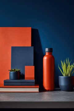 Orange water bottle standing next to a succulent plant and stationary on a desk. Modern office workspace organization. Minimalist design composition with geometric shapes and contrast.