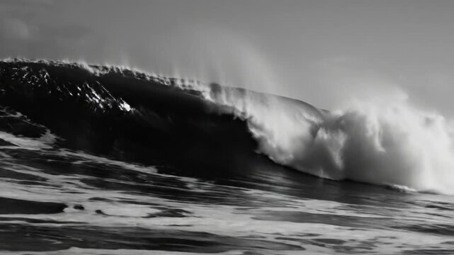 Dramatic monochrome view of a powerful ocean wave cresting and breaking in the sea