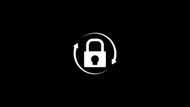 White padlock enclosed by a circular arrow symbol indicating security and continuous protection against a solid black background with no other present in the composition.