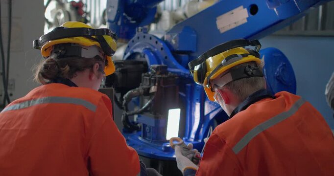 Robotic technicians use clamp meter to measure current within robotic arm. Troubleshooting process, aimed at diagnosing electrical issues, shorts, overloads, inefficiencies in electrical system.
