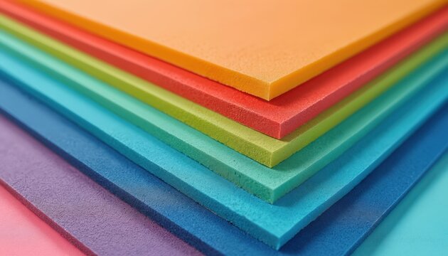 Stack of colorful EVA foam sheets in various bright hues. Crafting material for DIY projects, art supplies, and creative hobbies. Flexible, lightweight sheets for making.