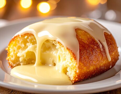Bombolini with molten white chocolate center stretching slightly as cut, creamy glossy texture, soft matte plate background, warm gentle lighting