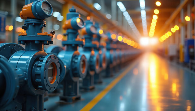 Industrial pipe system with flow meters in factory production line. Blue metal pipes and orange tech devices are arranged in row. Manufacturing facility with bright lights overhead.