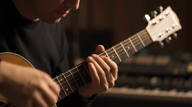 Close-up of Person's Hands Playing Acoustic Guitar with Keyboard in Background, Cinematic B-Roll