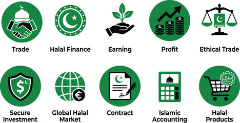 Fototapeta premium Halal finance icon set Islamic banking business trade profit growth ethical investment flat vector illustration modern sharia compliant economy symbols collection