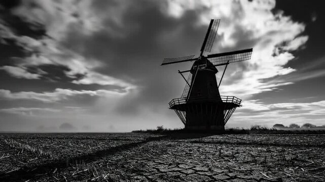 Dramatic black and white time lapse of a windmill standing in a desolate field beneath a cloudy sky