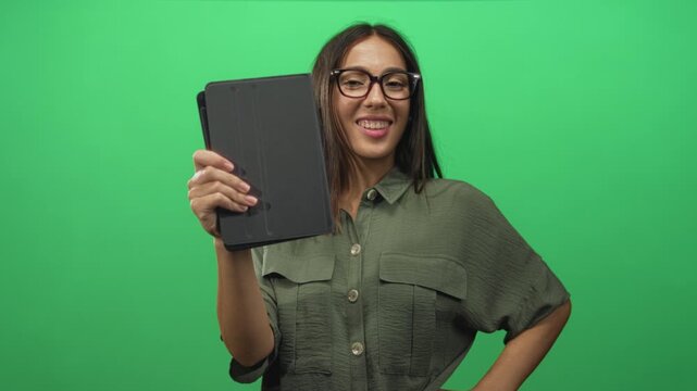 Hispanic woman holding tablet cover up to camera in green studio wearing glasses and olive shirt; confidence.