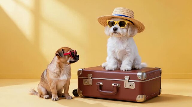Two cute dogs wearing sunglasses and hat sit near suitcase on bright background. Playful travel scene with humorous concept, summer vacation mood and adorable pet lifestyle theme.