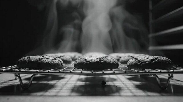 Steaming freshly baked cookies cooling on a wire rack inside of an oven, monochrome