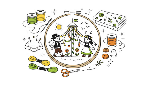 Embroidery hoop with a colorful illustration of a traditional German scene