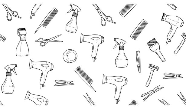 Minimal seamless barber tools pattern with hairdressing equipment doodle outline vector illustration