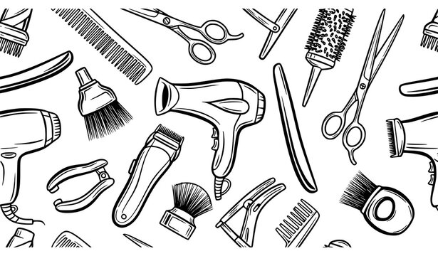 Bold doodle seamless pattern with barber tools hairdresser equipment black ink vector background
