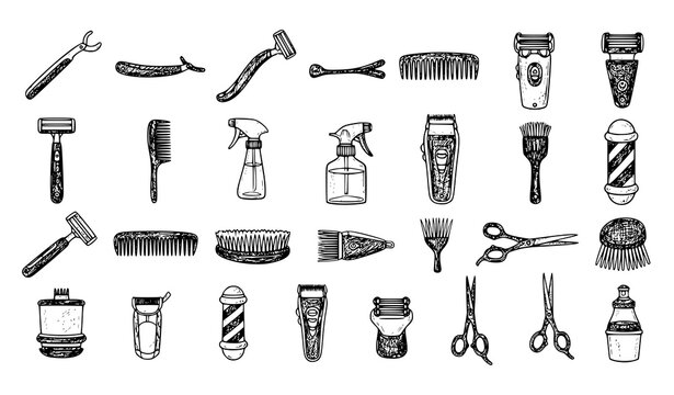 Hand drawn barber tools doodle collection with grooming equipment and hair styling sketch vector illustration